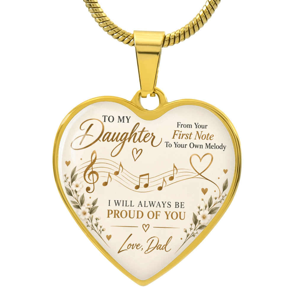 Gold heart necklace for daughter with musical notes and From Your First Note message from Dad