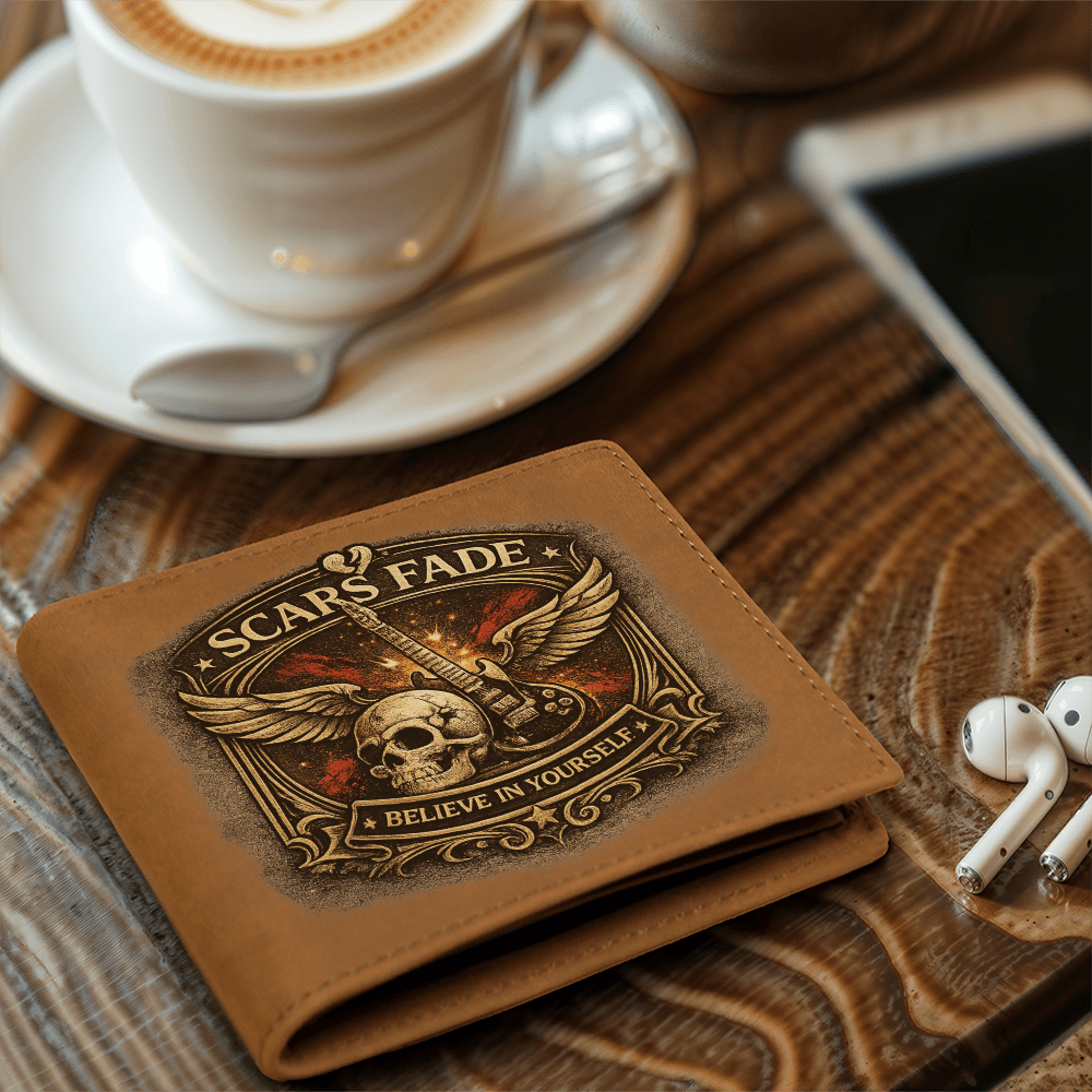 Scars Fade Leather Wallet for Him – Guitar Skull Rock Gift