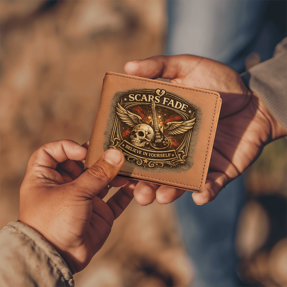 Scars Fade Leather Wallet for Him – Guitar Skull Rock Gift