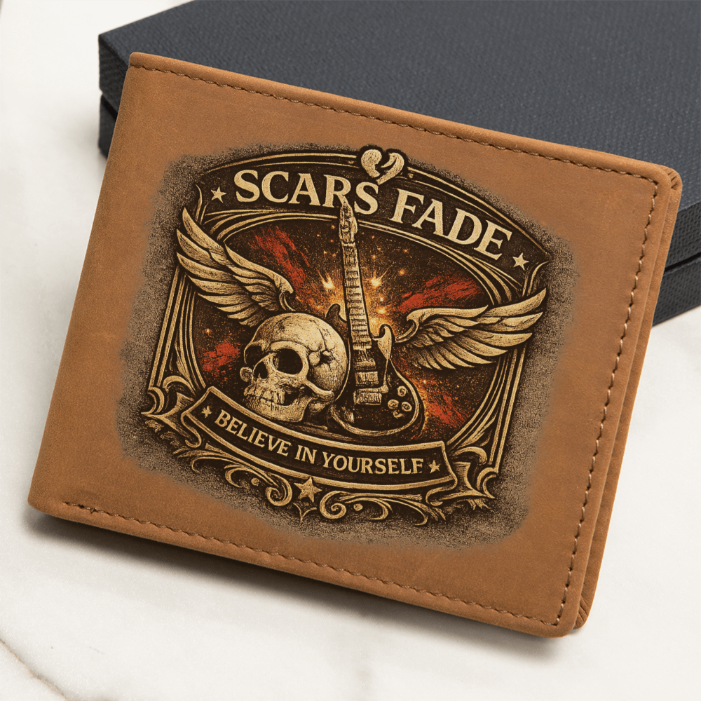 Scars Fade Leather Wallet for Him – Guitar Skull Rock Gift