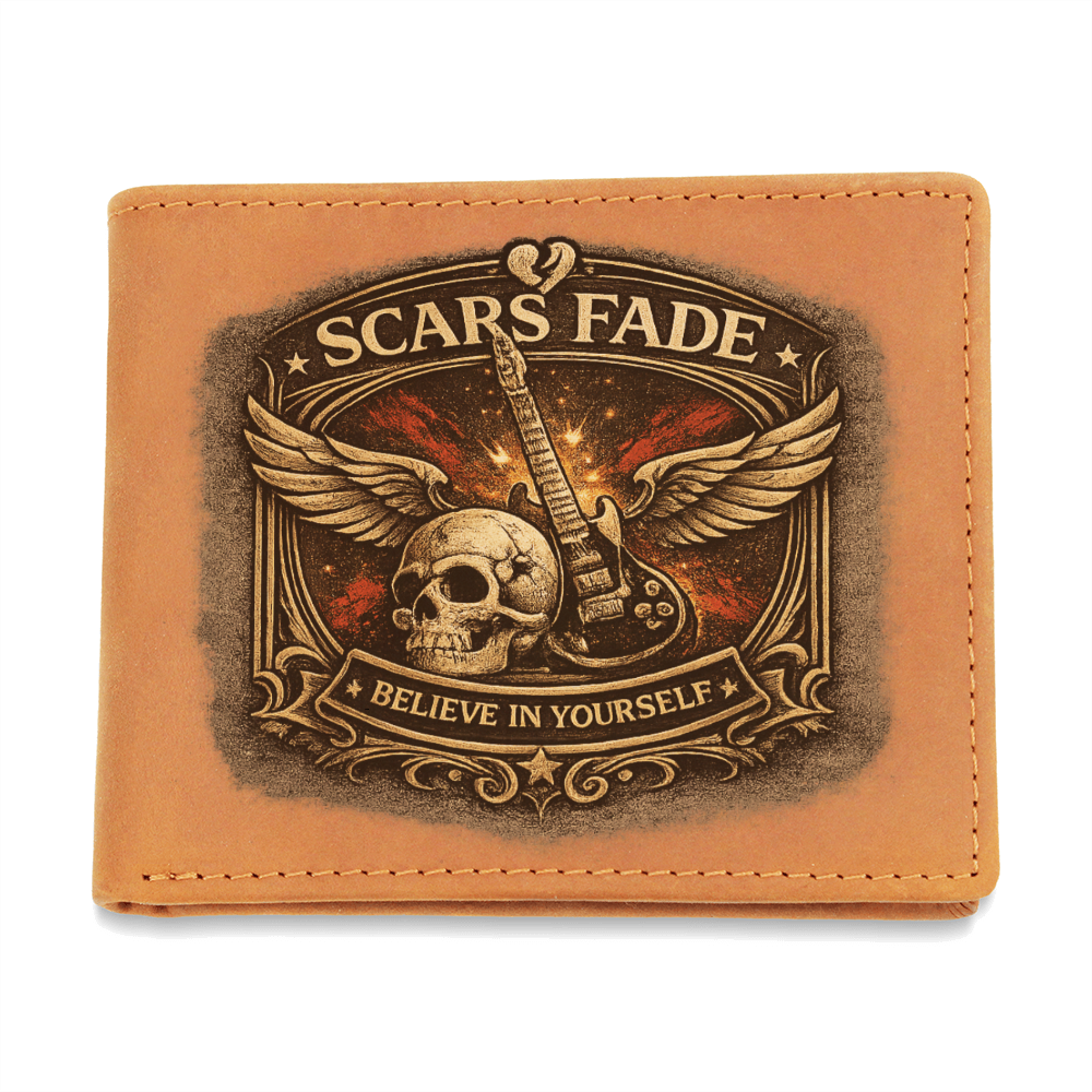 Scars Fade Leather Wallet for Him – Guitar Skull Rock Gift