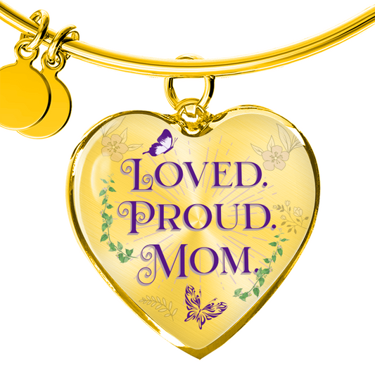 Loved. Proud. Mom. – Heart Charm Bangle Bracelet
