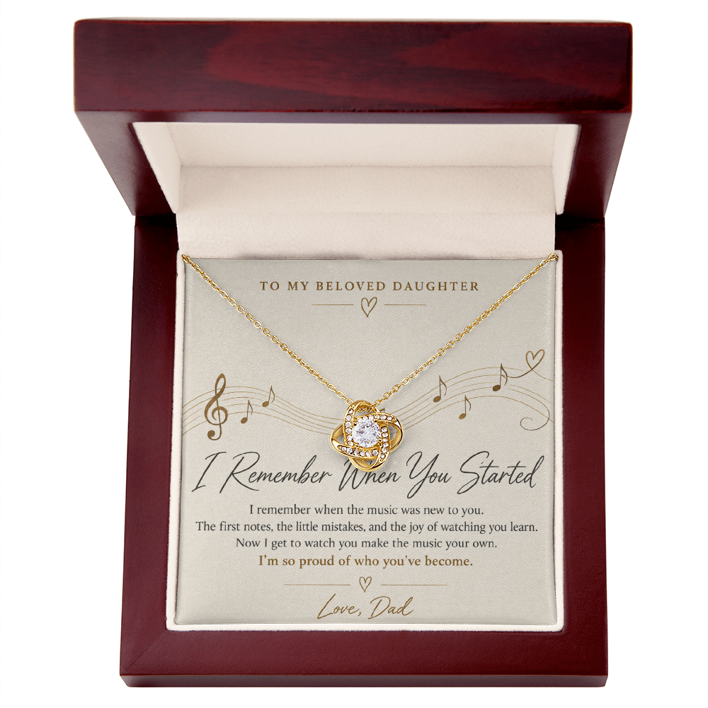 Gold Love Knot necklace for music-loving daughter with I Remember When You Started message card from Dad
