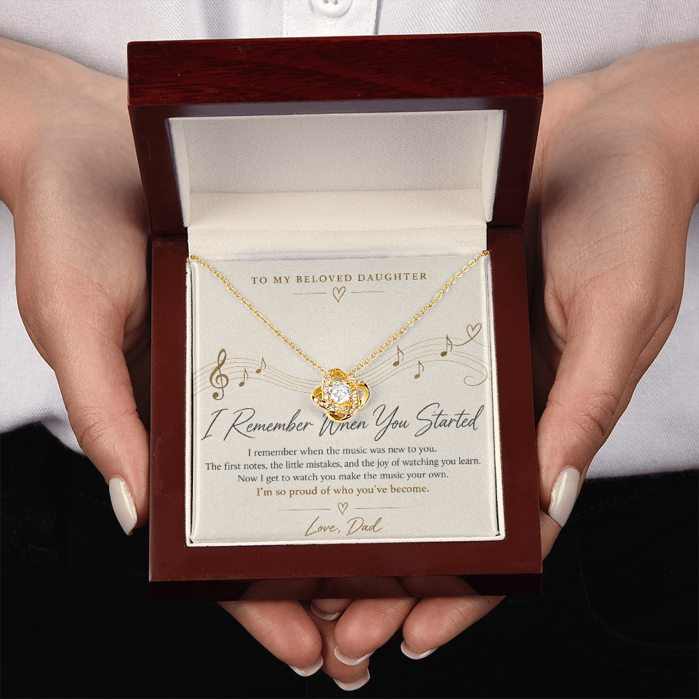 Father to daughter music Love Knot necklace presented in mahogany luxury gift box with heartfelt message