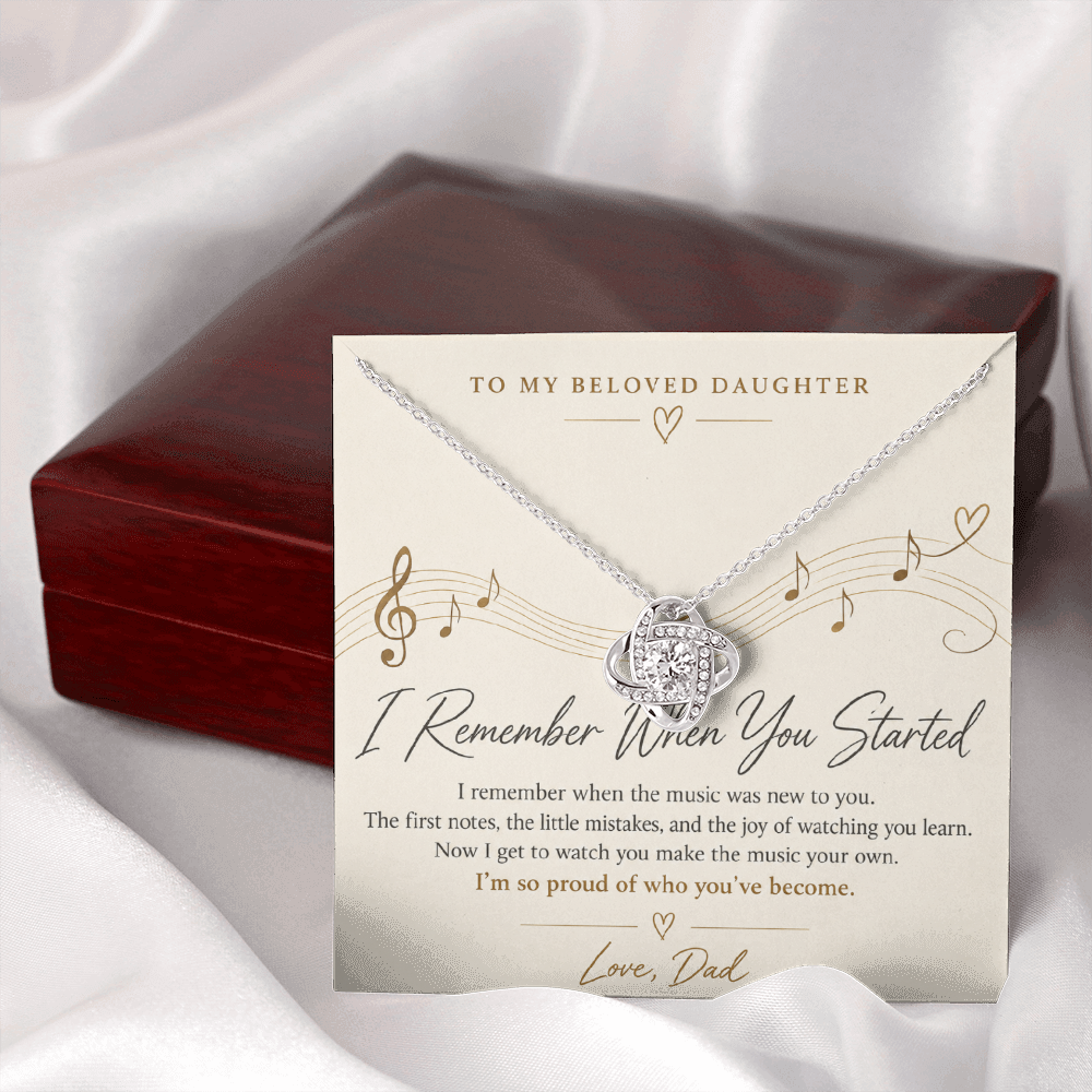 Father to daughter music Love Knot necklace presented in mahogany luxury gift box with heartfelt message