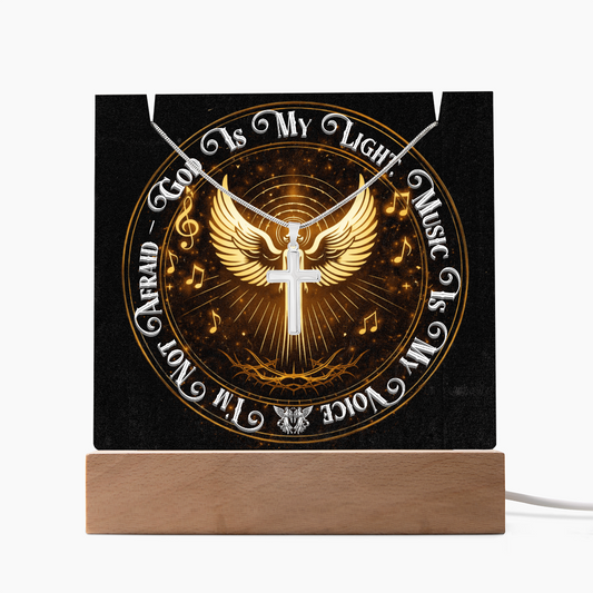 God Is My Light – Music Is My Voice LED Acrylic Plaque + Cross Necklace Gift
