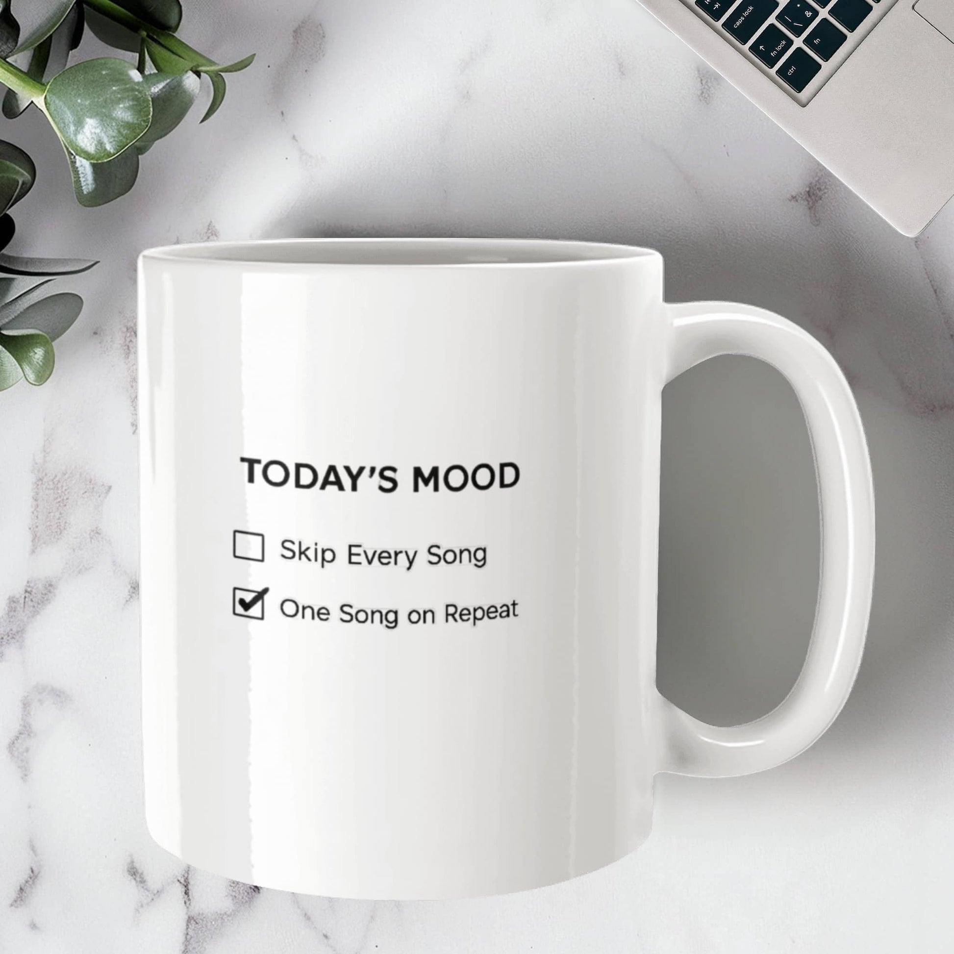 White music lover mug with a checklist reading “Today’s Mood: One Song on Repeat.”