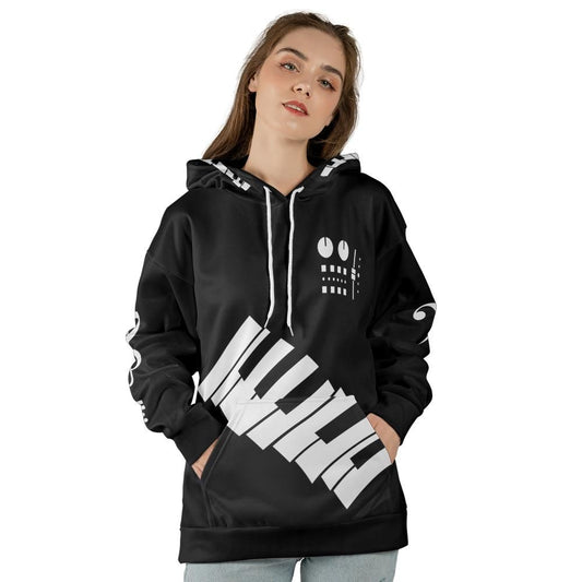 Black all-over-print music hoodie with diagonal white piano keys, synth-control graphic and white musical symbols